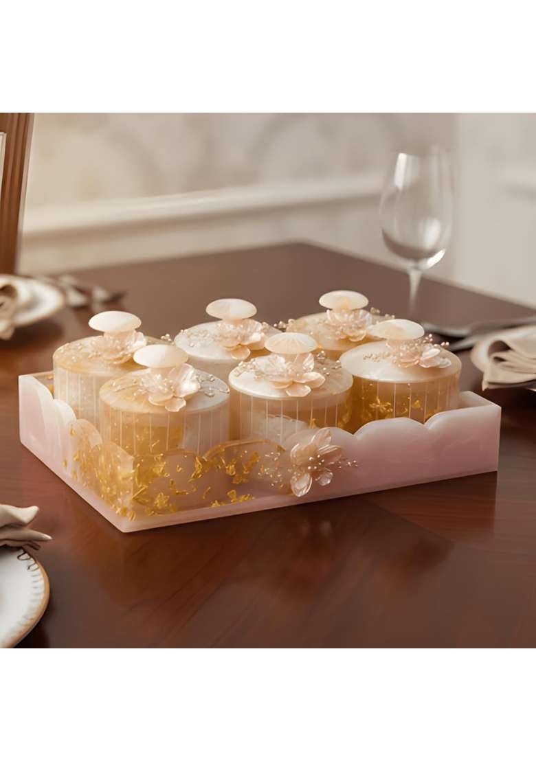 Sajja Kreation White Dry Fruit Container Set with Tray and 6 Jars - Indya
