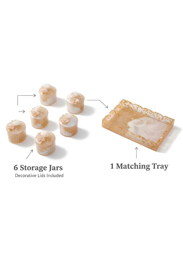 Sajja Kreation White Dry Fruit Container Set with Tray and 6 Jars - Indya