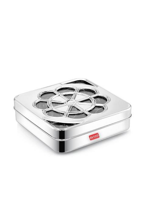 Avias Flora 9 Square Stainless Steel Spice Box with See Through Glass Lid 9 Containers Storage Box Durable