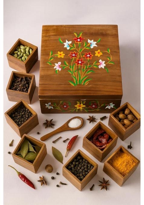 Craftberries Decorative Teakwood Spice Box Masala Box Wooden Masala Dani Spice Organizer Herbs Box