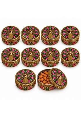 Decorative Stainless Steel Dry Fruit Box with Peacock Design Lid Pack of 10