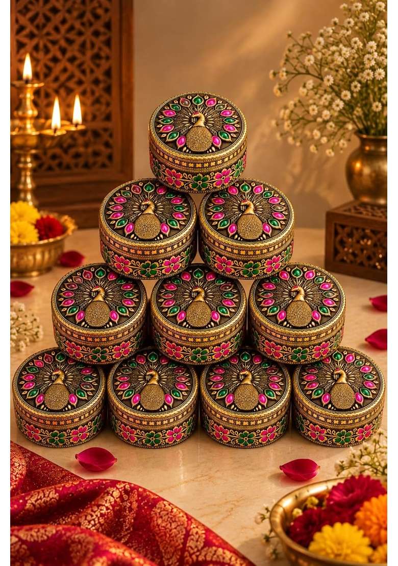Decorative Stainless Steel Dry Fruit Box with Peacock Design Lid Pack of 10 - Indya