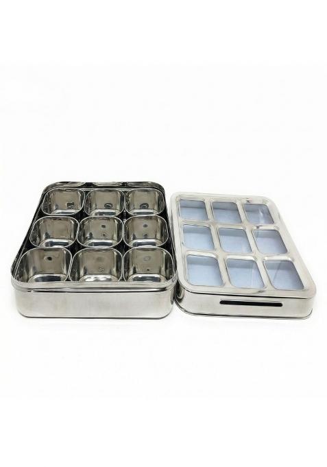 NYRA Silver Stainless Steel 9 Dry Fruit Spice Box for Kitchen Organiser with Compartments