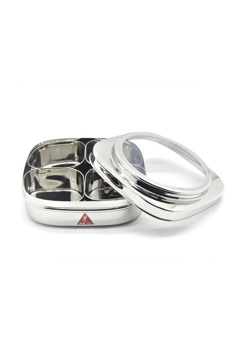JEE ALTO Stainless Steel Square 4 Cups Dry Fruit Masala Box Spice Container See Thru Masala Box 190 ML Each