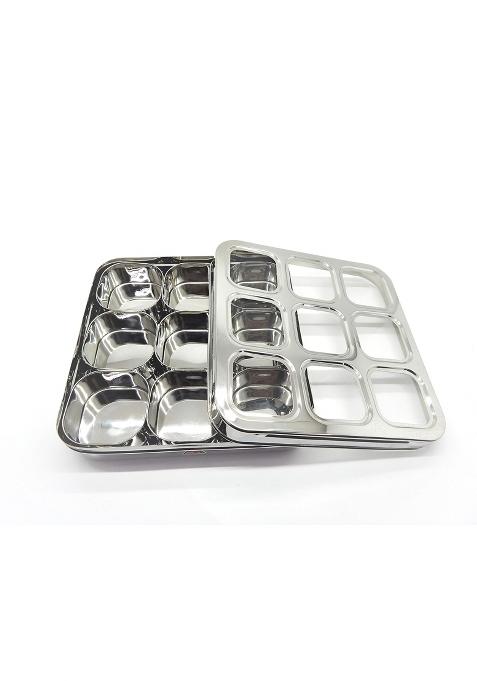 JEE ALTO Silver Square Dryfruit Masala Box Spice Container 9 C Thru Partion Lid Masala Box with 9 Cups