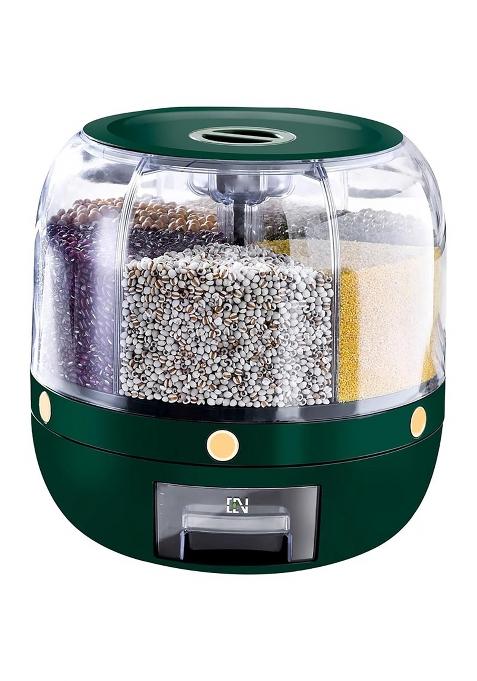 Krevia Green Plastic Round Food Dispenser 360 Rotating Food Bucket Transparent Rice Storage Container