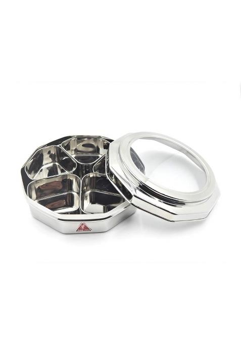 JEE ALTO Silver Stainless Steel Hexagon 5 Cups Dry Fruit Masala Box Spice Container See Thru Masala Box 150 ML