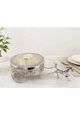 Takxa German Silver Horse Cart Desing Dry Fruit Box with 4 Compartment for Dinging Table Gift Wedding Return