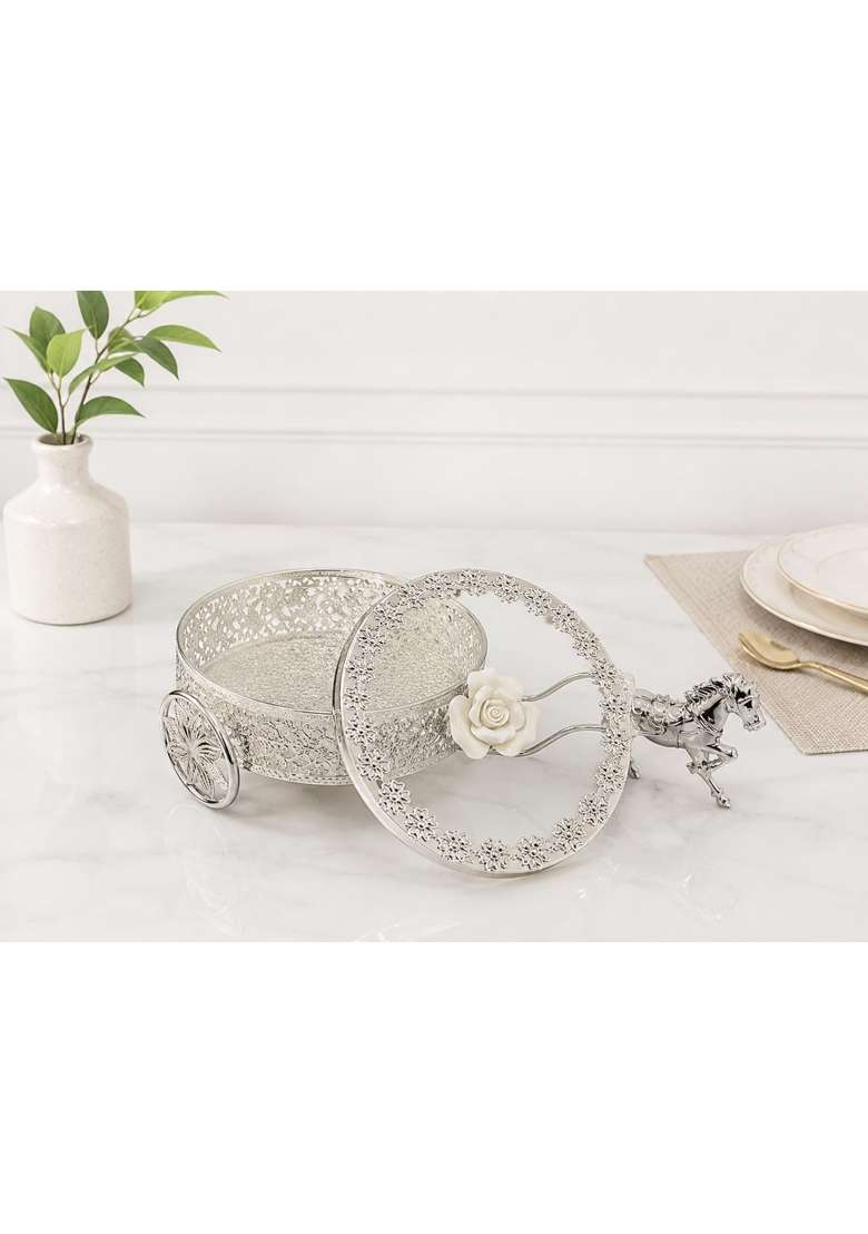Takxa German Silver Horse Cart Desing Dry Fruit Box with 4 Compartment for Dinging Table Gift Wedding Return - Indya