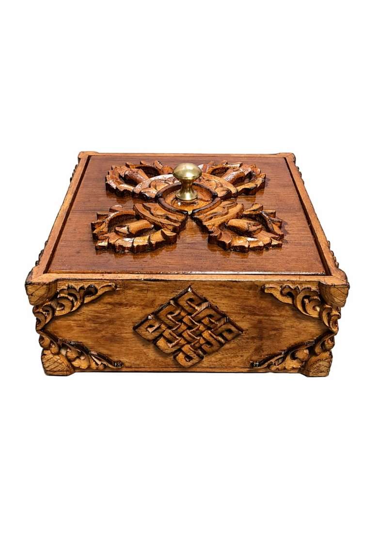 Brown Handcrafted Wooden Dry Fruit Box Intricate Carved Design with Brass Knob Lid Tibetan Culture Design - Indya
