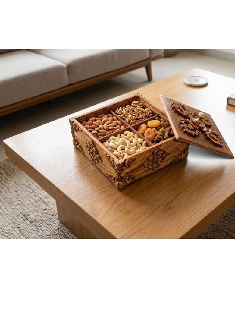 Brown Handcrafted Wooden Dry Fruit Box Intricate Carved Design with Brass Knob Lid Tibetan Culture Design - Indya