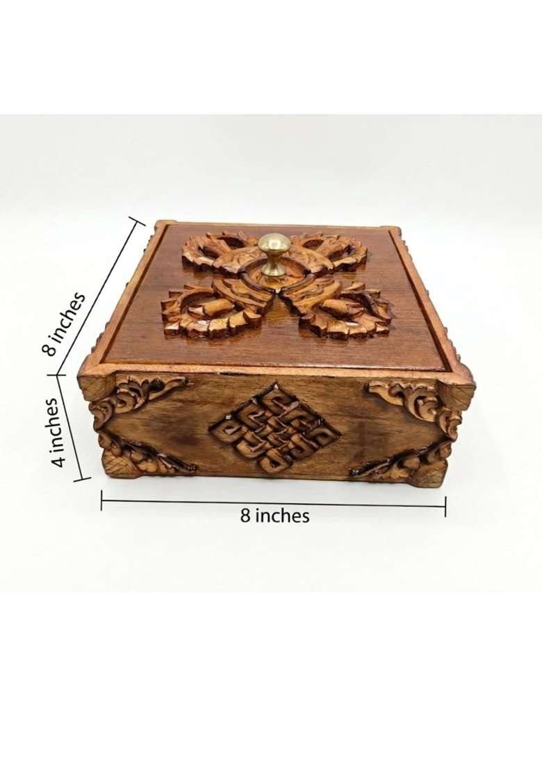 Brown Handcrafted Wooden Dry Fruit Box Intricate Carved Design with Brass Knob Lid Tibetan Culture Design - Indya