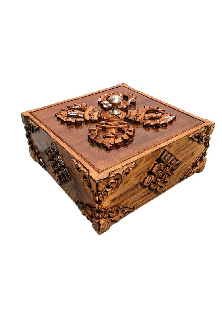Brown Handcrafted Wooden Dry Fruit Box Intricate Carved Design with Brass Knob Lid Tibetan Culture Design - Indya