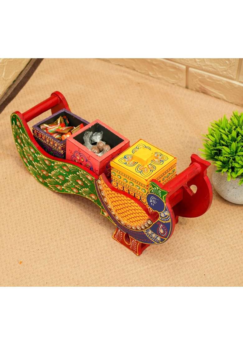 Ethnickaari Multicolour Handcrafted Peacock Shape Wooden Dry Fruit Box - Indya
