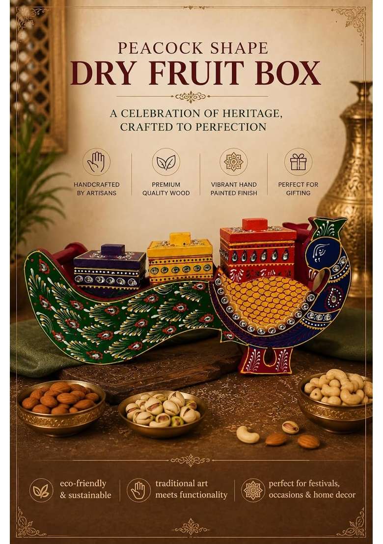 Ethnickaari Multicolour Handcrafted Peacock Shape Wooden Dry Fruit Box - Indya