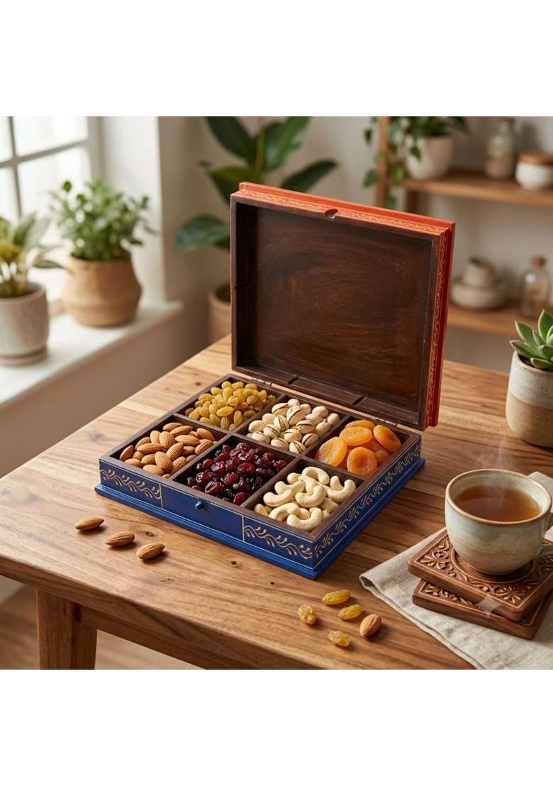 Apka Mart the Online Shop Brown Wooden Dry Fruit Box with 6 Compartments Set of 2 - Indya