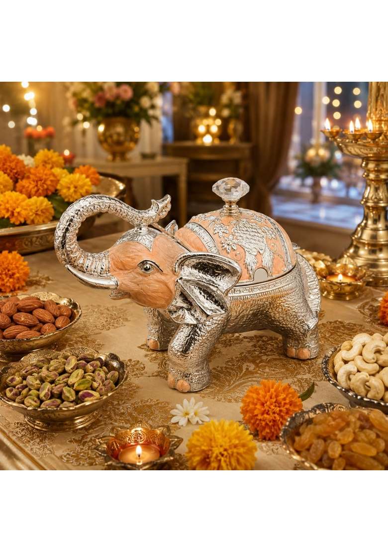Elephant German Silver Dry Fruit Box Enamel Container - Indya