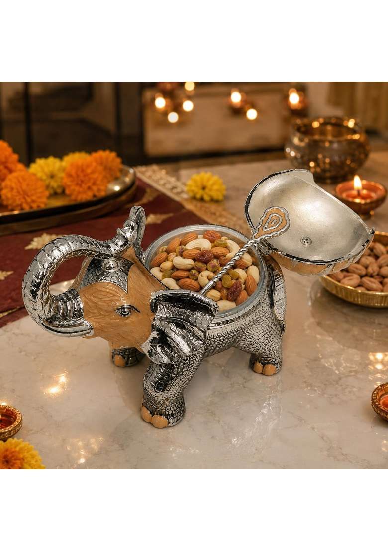 Elephant German Silver Dry Fruit Box Enamel Container - Indya