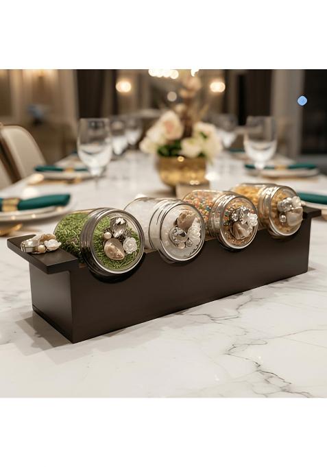 Sajja Kreation Beige Wooden Mukhwas Organizer with 4 Glass Containers Dry Fruit Storage Box