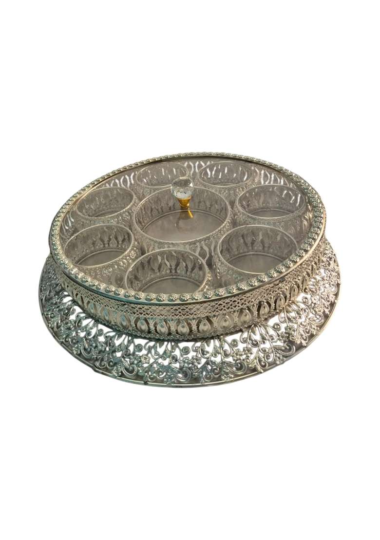 Genuine Quality Silver Round Dry Fruit Box with Lid Decorative Mukhwas Box and Serving Tray for Home Kitchen - Indya