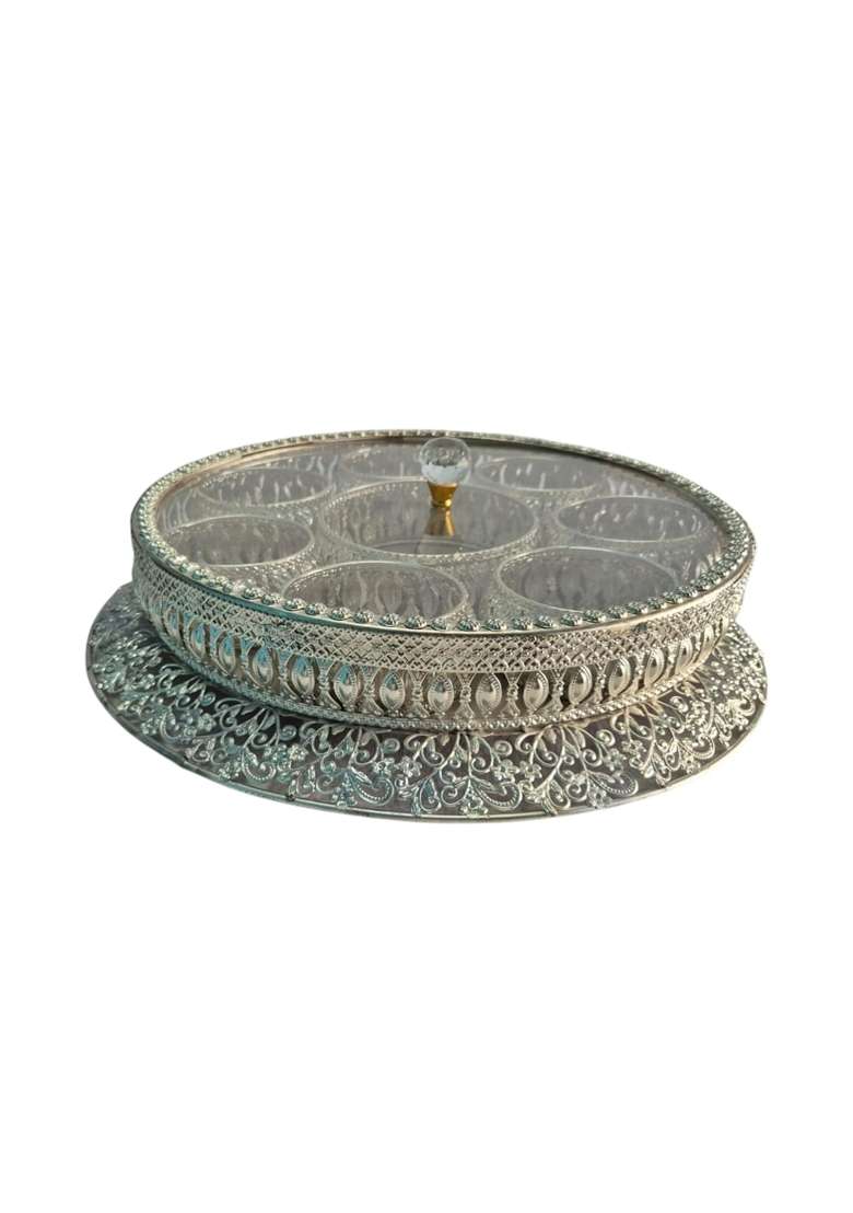 Genuine Quality Silver Round Dry Fruit Box with Lid Decorative Mukhwas Box and Serving Tray for Home Kitchen - Indya