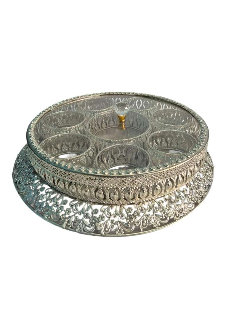 Genuine Quality Silver Round Dry Fruit Box with Lid Decorative Mukhwas Box and Serving Tray for Home Kitchen - Indya