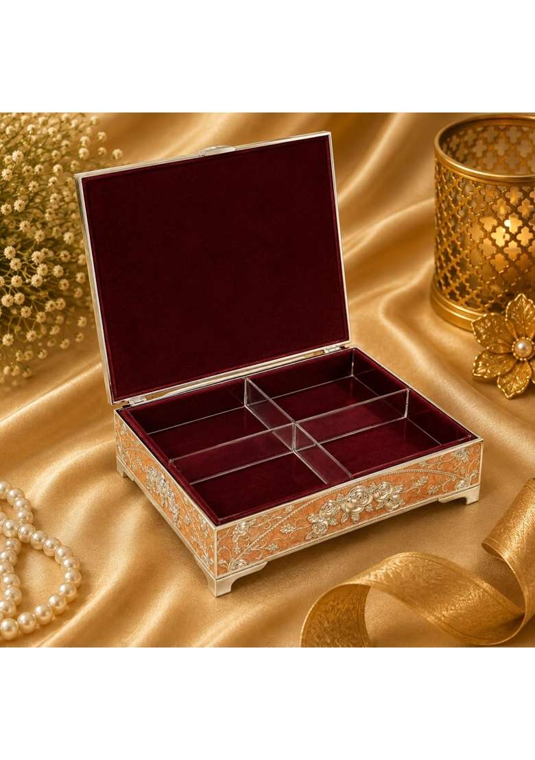 Smiles Gift Silver and Peach Color Metal Dry Fruit Box Unique 4 Compartments Storage and Gift Box with Brown - Indya