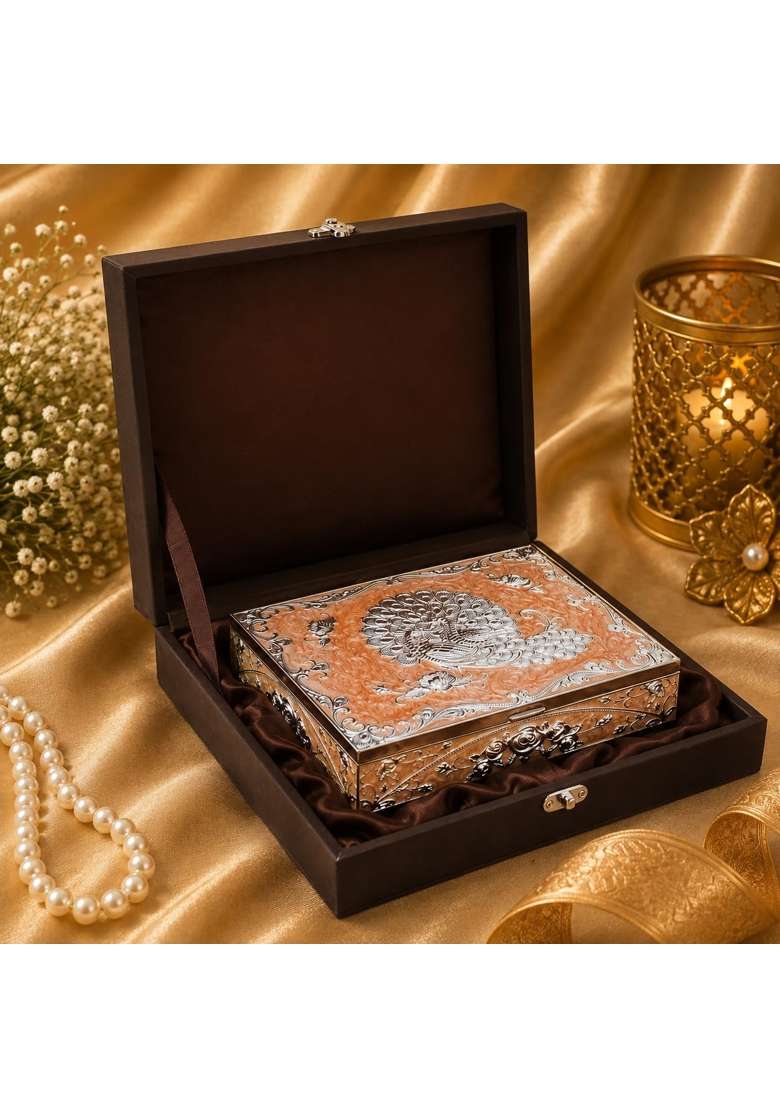 Smiles Gift Silver and Peach Color Metal Dry Fruit Box Unique 4 Compartments Storage and Gift Box with Brown - Indya