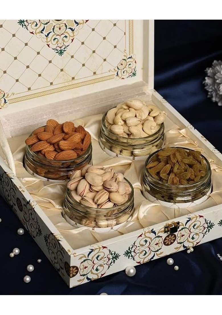 Riwaz Premium White Flower Handmade Dry Fruit Gift Box 450G Assorted Almonds Cashews - Indya