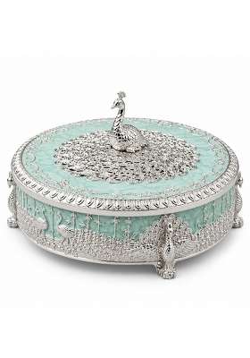 Premium Peacock Design German Silver Dry Fruit Box with Blue Enamel
