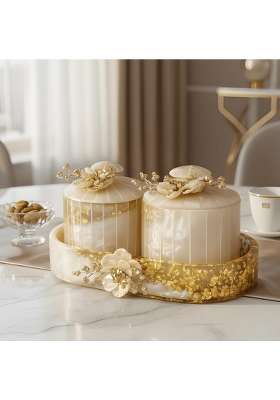 Sajja Kreation Luxury White Marble Dry Fruit Box Decorative Serving Tray with Snack Candy Set of 2