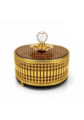 Aura and Hues Regal Lattice Treasure Box with Lid Decorative Golden Storage Box with Crystal Knob and Smoked