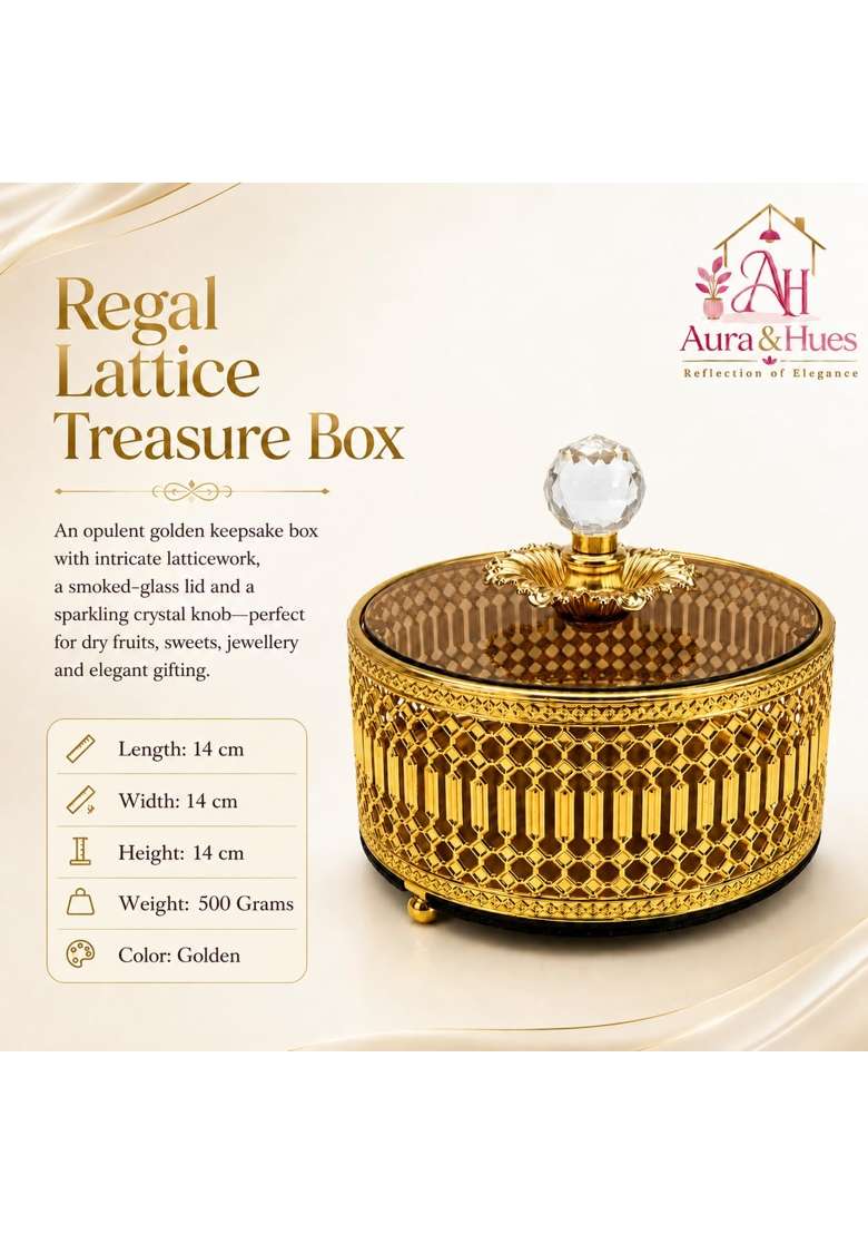 Aura and Hues Regal Lattice Treasure Box with Lid Decorative Golden Storage Box with Crystal Knob and Smoked - Indya