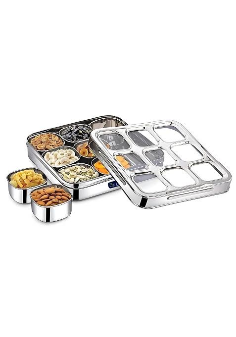 WIAA Silver Stainless Steel Dry Fruit Box with 9 Removable Compartments Square Masala Dabba Spice Organizer