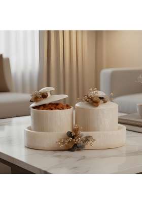 Sajja Kreation Beige Premium Dry Fruit Box Set with Serving Tray Elegant Snack Organizer Containers with Lid