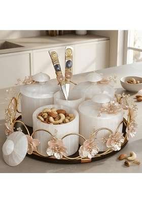 Sajja White Kreationn Premium Snack Serving Tray with Dry Fruit Containers for Home and Party Use Set of 4