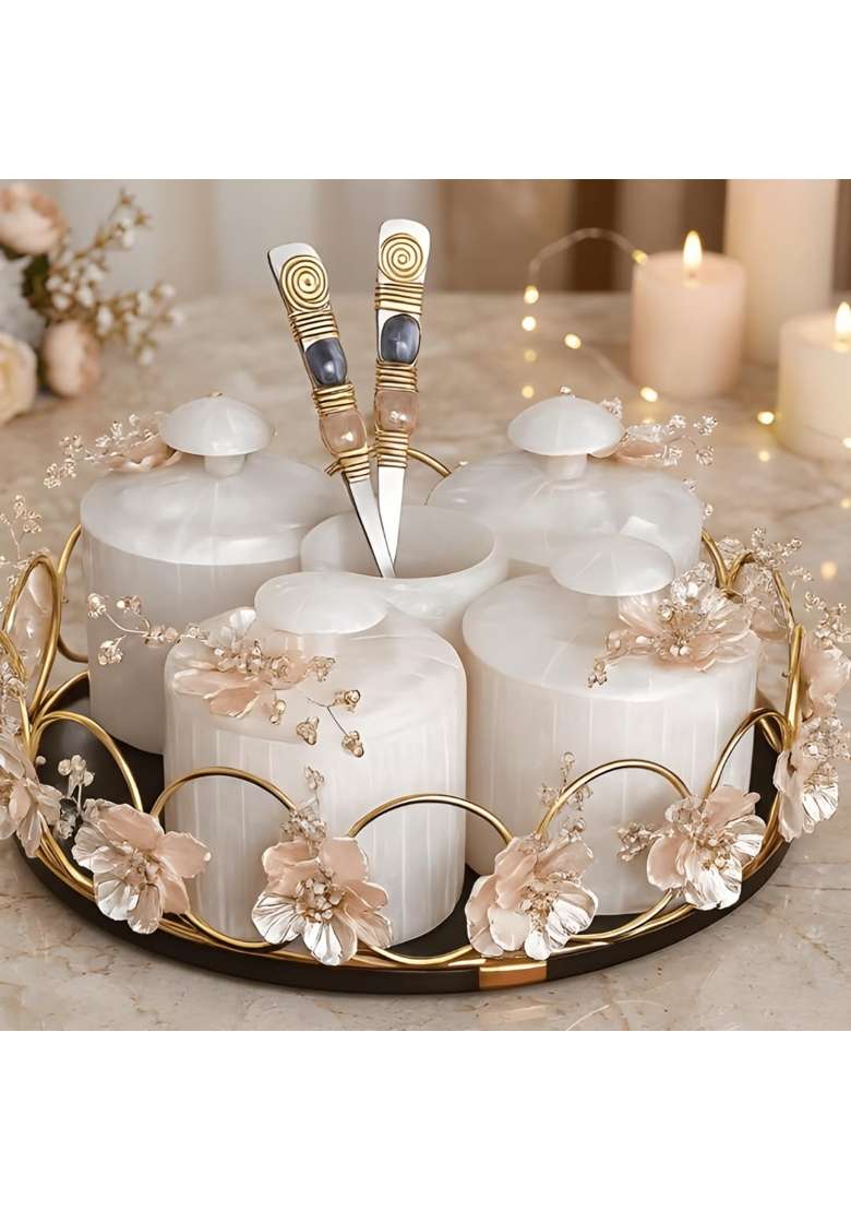 Sajja White Kreationn Premium Snack Serving Tray with Dry Fruit Containers for Home and Party Use Set of 4 - Indya