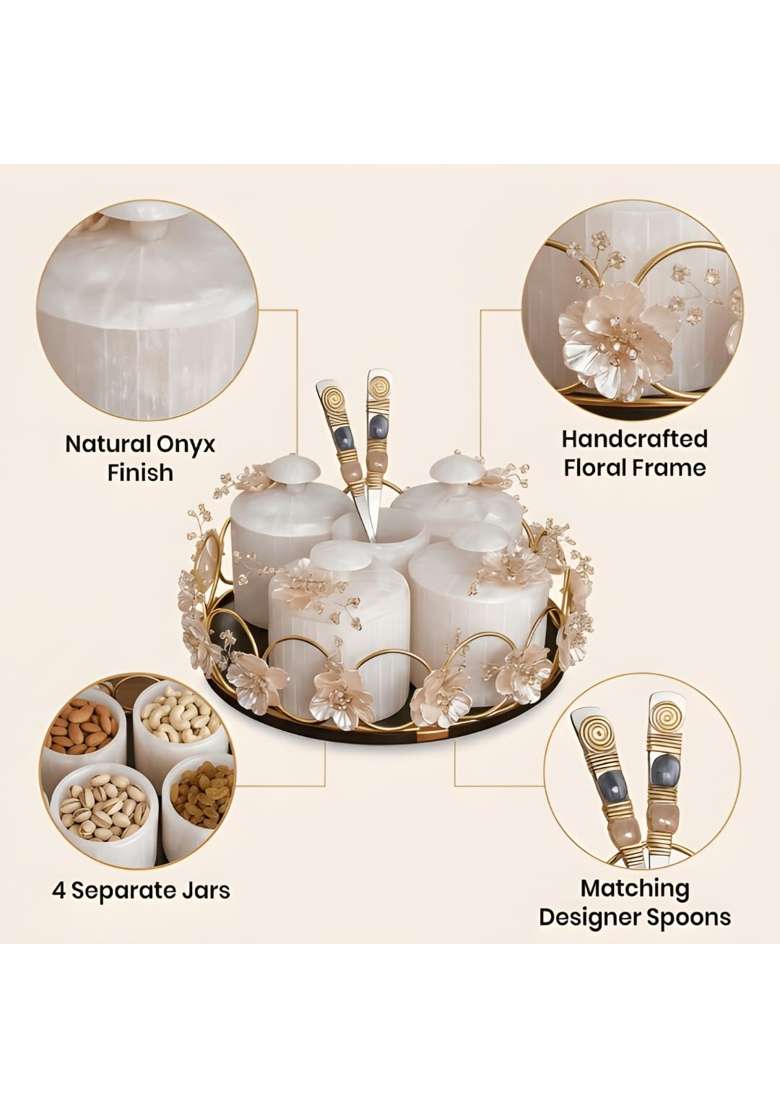 Sajja White Kreationn Premium Snack Serving Tray with Dry Fruit Containers for Home and Party Use Set of 4 - Indya