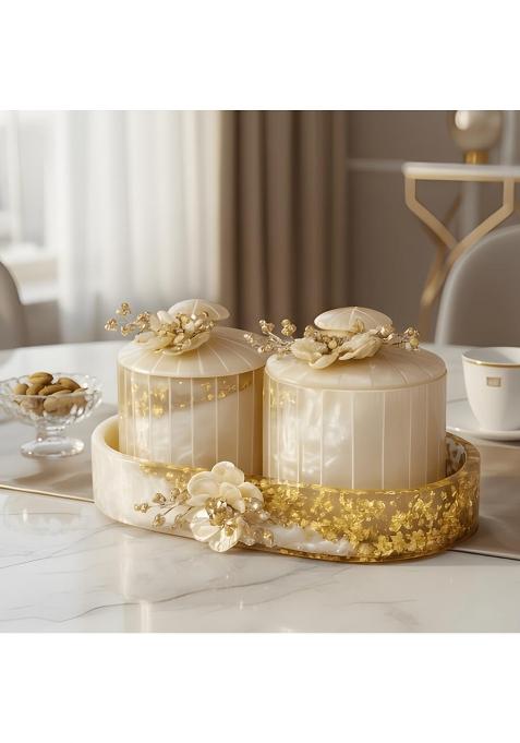 Sajja Kreation White Marble Dry Fruit Container Premium Snack Organizer with Tray Set of 2