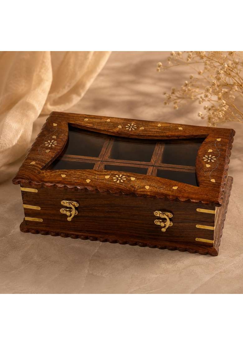 Nirmaan Sheesham Wood Dry Fruit Box with Transparent Glass Lid - Indya