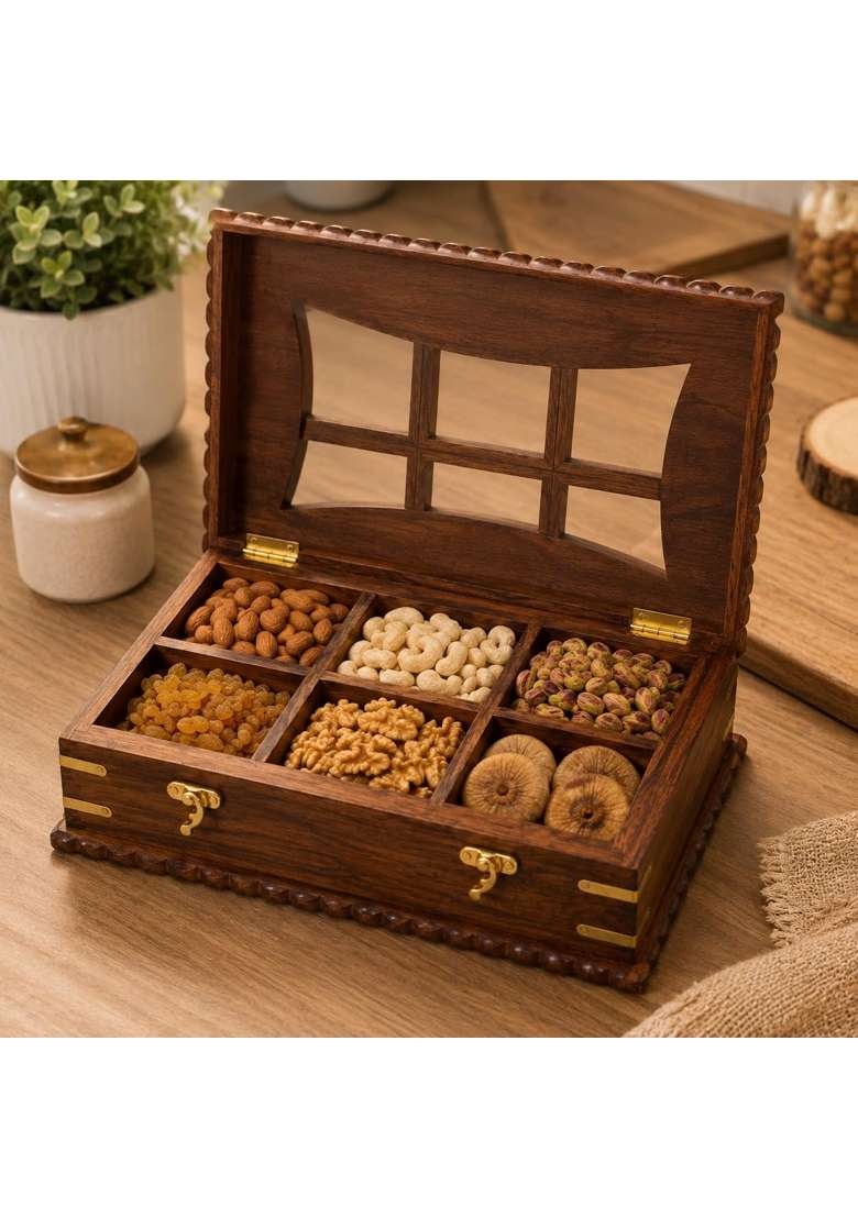 Nirmaan Sheesham Wood Dry Fruit Box with Transparent Glass Lid - Indya