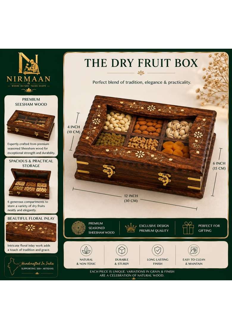 Nirmaan Sheesham Wood Dry Fruit Box with Transparent Glass Lid - Indya
