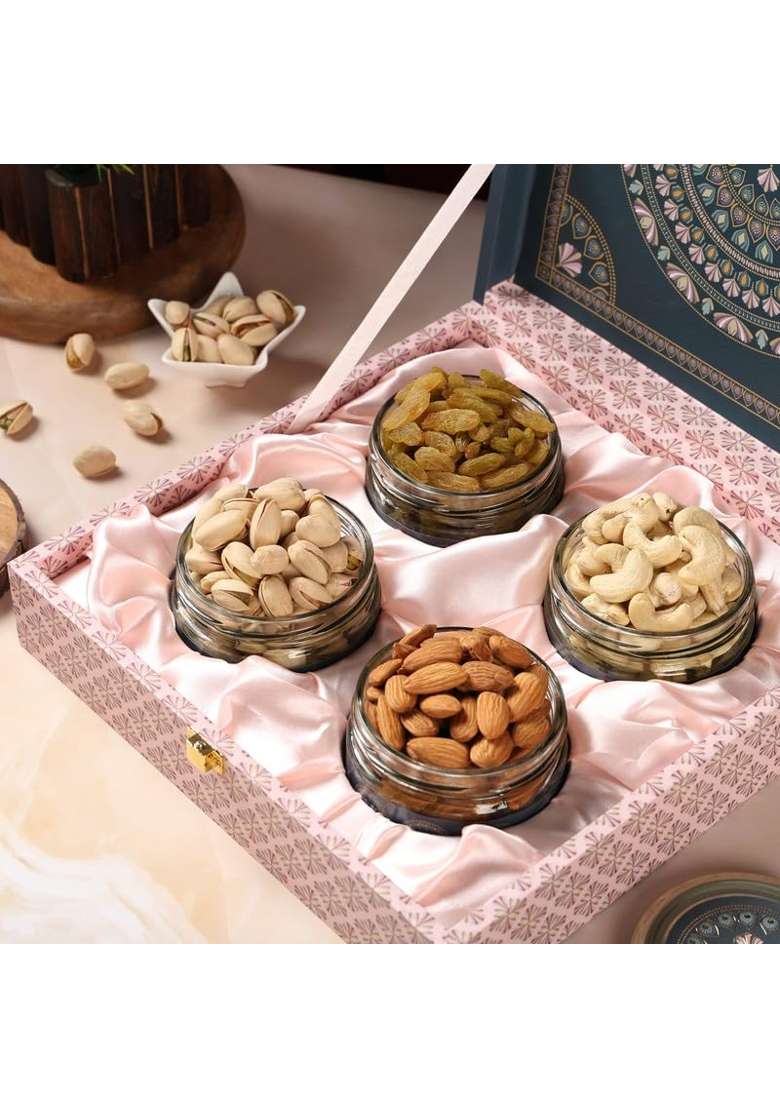 Riwaz Matt Natural Dry Fruits Gift Box Elegant Salsa Jars with Almonds Cashews Pistachios Raisins - Indya