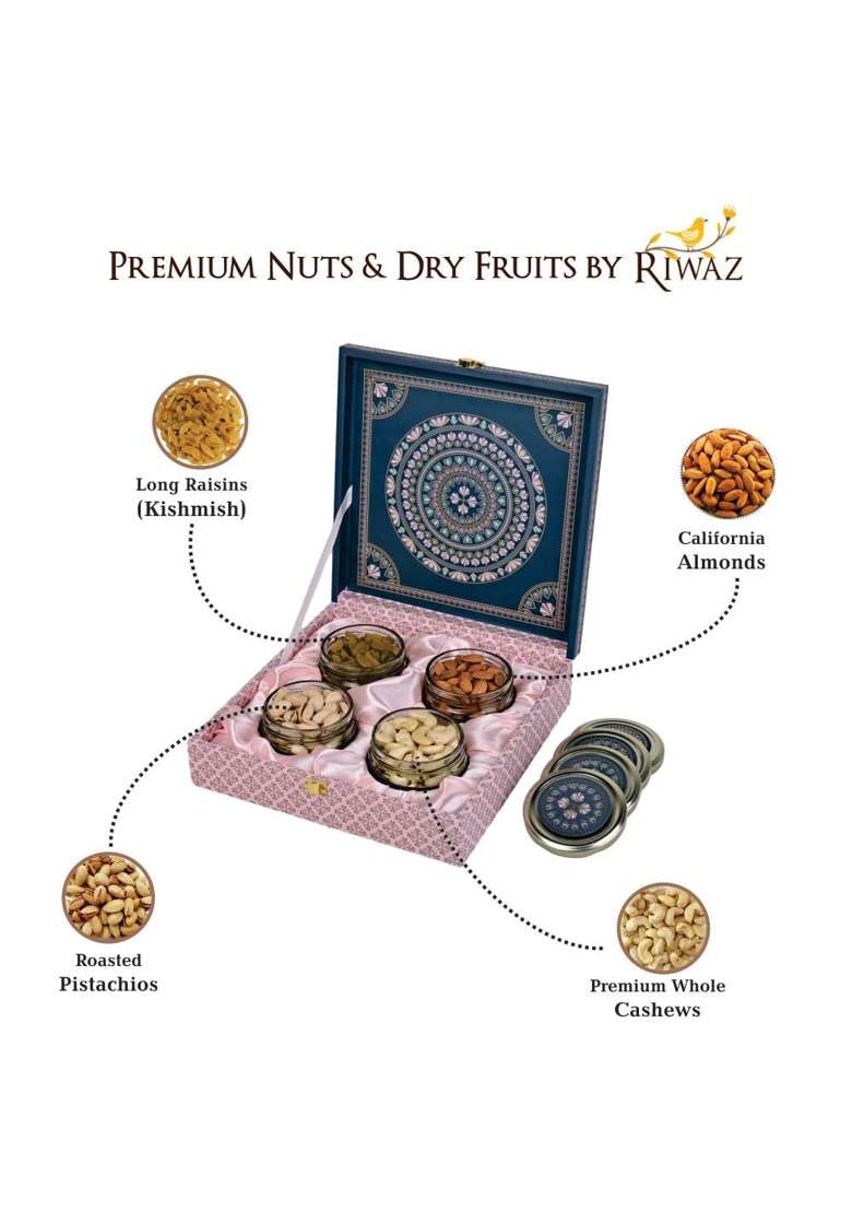 Riwaz Matt Natural Dry Fruits Gift Box Elegant Salsa Jars with Almonds Cashews Pistachios Raisins - Indya