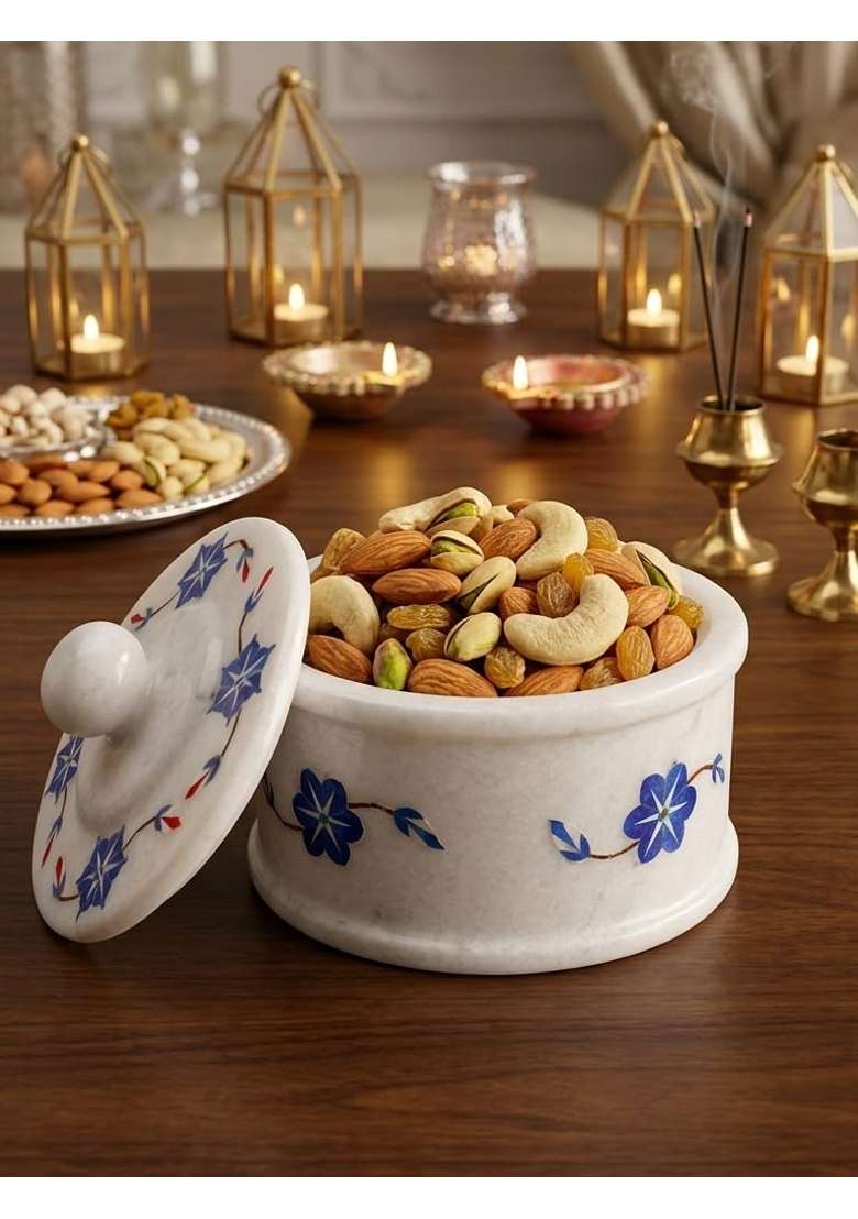 Luxury Marble Inlay Dry Fruits Box with Lid Handmade Dry Fruit Storage Container for Nuts Snacks Mukhwas - Indya