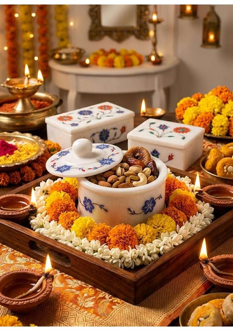 Luxury Marble Inlay Dry Fruits Box with Lid Handmade Dry Fruit Storage Container for Nuts Snacks Mukhwas - Indya