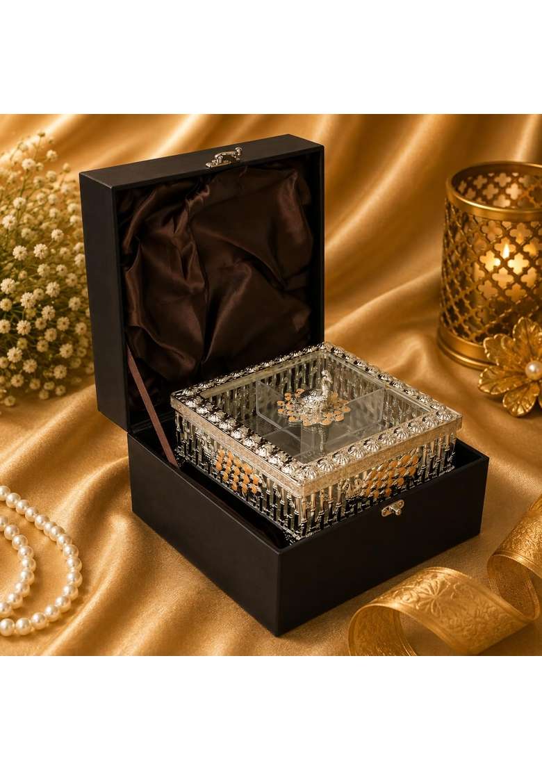 International Gift Imported Luxury Silver and Peach Color 4 Compartments Metal Dry Fruit Box - Indya