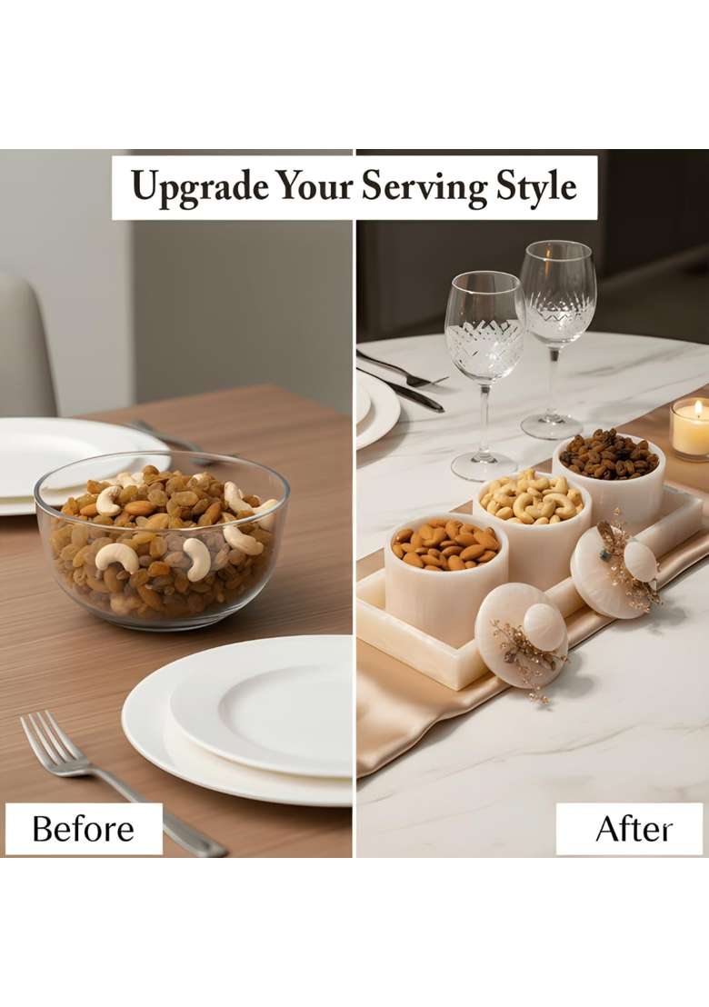 Sajja Kreation White Dry Fruit Container Set with Serving Tray Airtight Snack Organizer for Dining Table - Indya