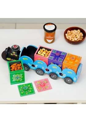 Oxyroots Wooden Train Shape Dry Fruit Holder 4 Box Decorative Handcrafted Items for Kitchen and Dining Table