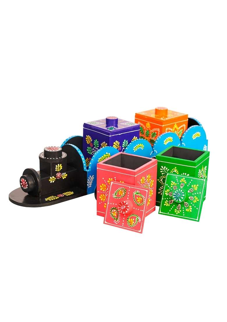 Oxyroots Wooden Train Shape Dry Fruit Holder 4 Box Decorative Handcrafted Items for Kitchen and Dining Table - Indya